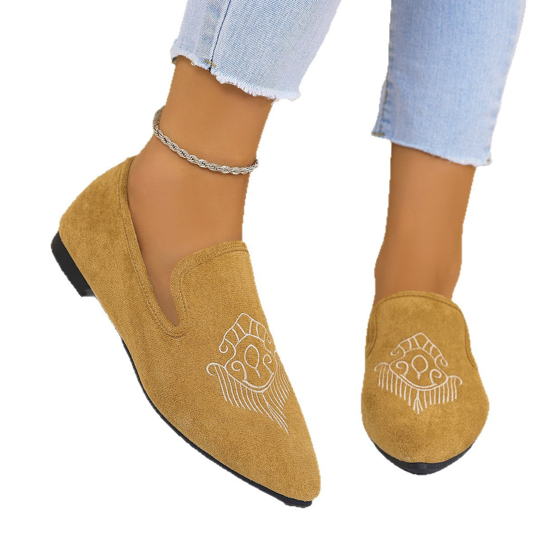 Damen nan bestickte Wildlederoptik-Slipper mit spitzer Leistenform und flacher rutschfester Gummisohle Drune