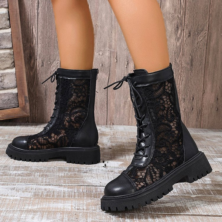 Damen Schnürstiefel mit Spitzeneinsätzen, robuster Profilsohle und Lederoptik Drune