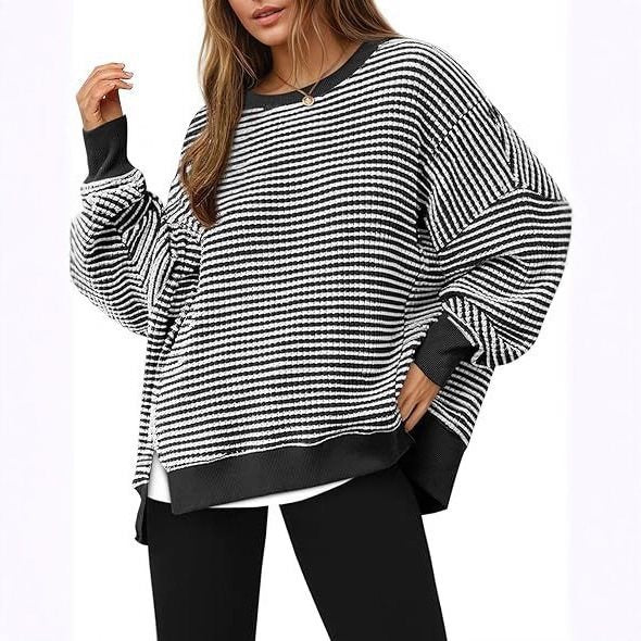 Damen Gestreifter Oversize-Sweater mit Rundhalsausschnitt und Seitenschlitzen Drune