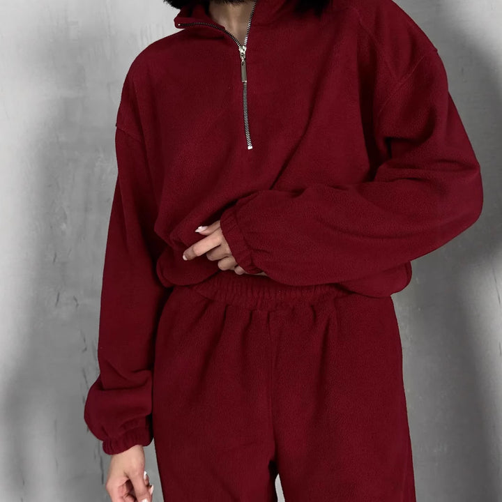 Damen lässiges Fleece-Jogginganzug Set mit Stehkragen und halbhohem Reißverschluss Drune