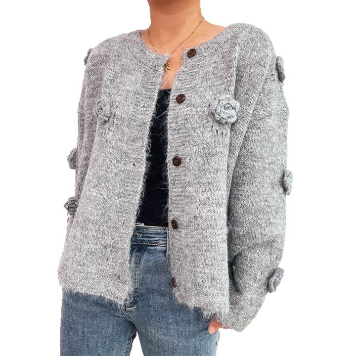 Damen kuschelige Strickjacke mit floralen Applikationen und Knopfverschluss Drune