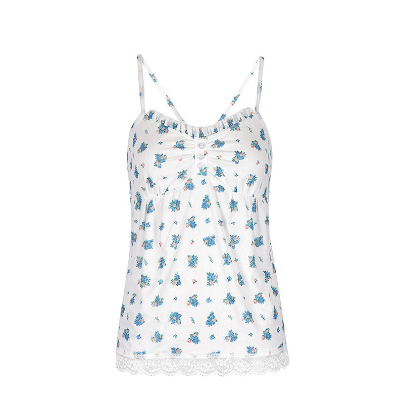 Damen Spaghetti-Träger Bluse mit floralem Muster und Spitzenbesatz Drune