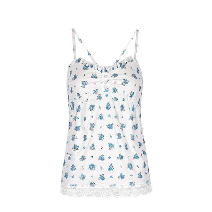 Damen Spaghetti-Träger Bluse mit floralem Muster und Spitzenbesatz Drune
