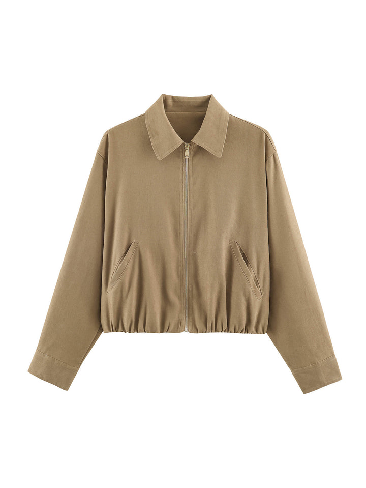 Damen Kurzblouson im Velours‑Look mit spitzem Hemdkragen und Gummizugsaum Drune