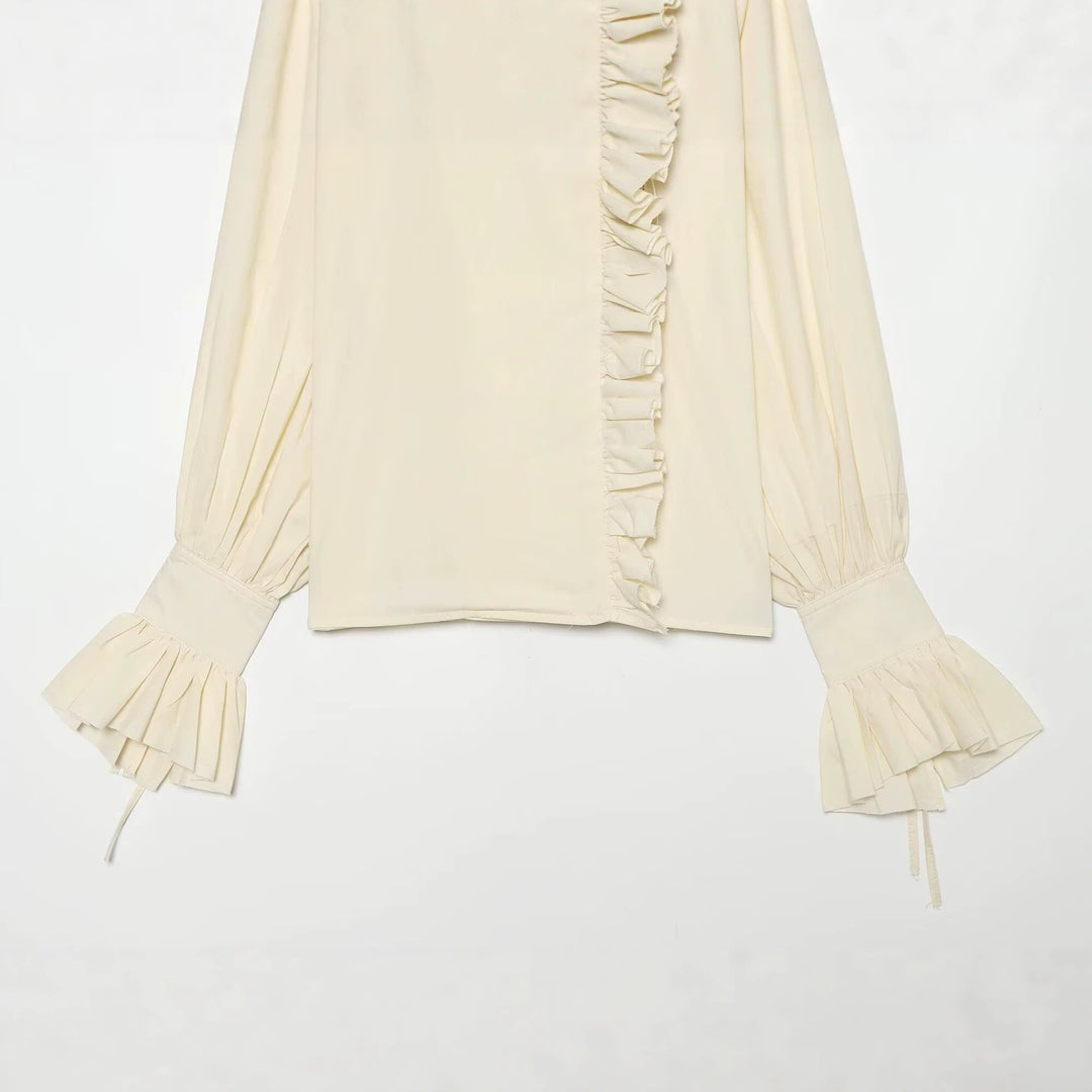 Damen Rüschenbluse mit hohem Stehkragen, asymmetrischer Volantleiste und Ballonärmeln Drune
