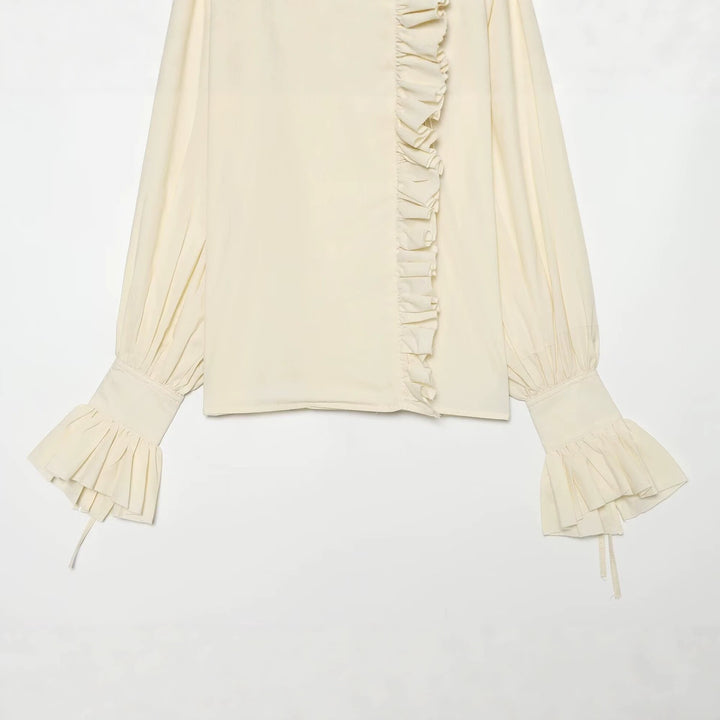 Damen Rüschenbluse mit hohem Stehkragen, asymmetrischer Volantleiste und Ballonärmeln Drune