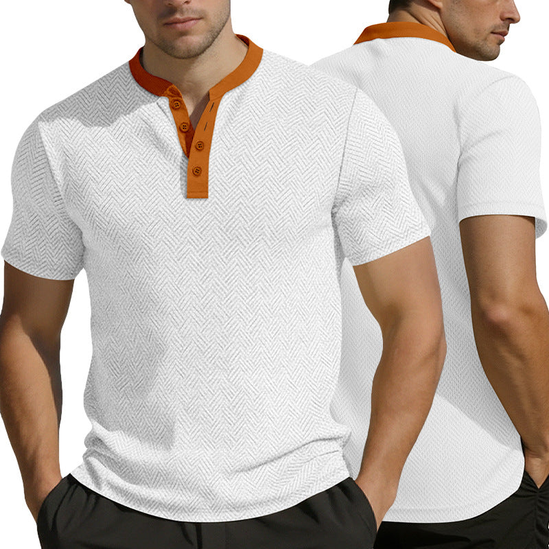 Herren nan schlankes Kurzarm-Henley-Poloshirt mit Mandarin-Kragen und feiner Jacquardstruktur Drune
