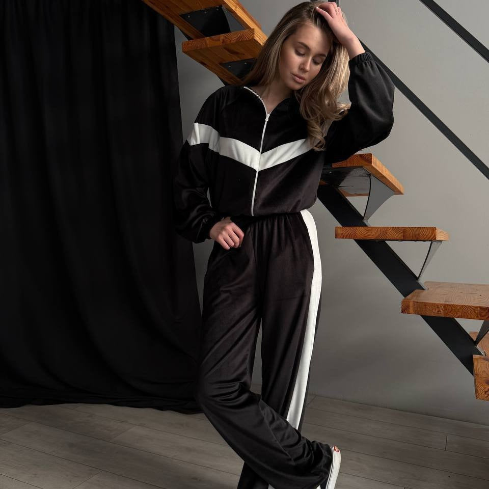 Damen Plüschiges Velours-Loungewear-Set mit Reißverschlussjacke und elastischem Taillenbund Drune