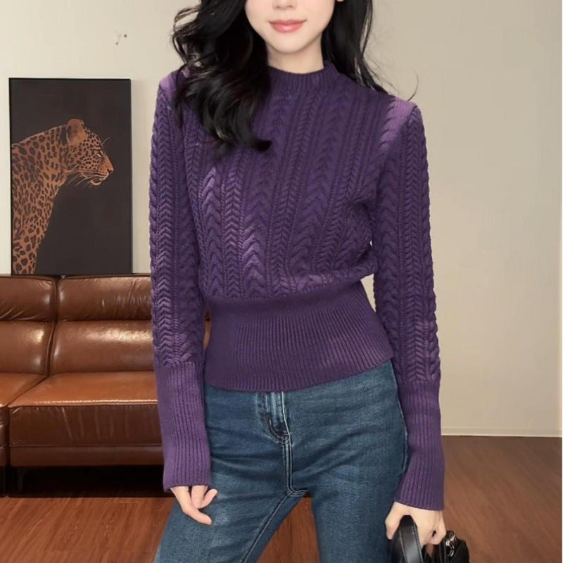 Damen Eleganter Grobstrickpullover mit hohem Bund und Rundhalsausschnitt Drune