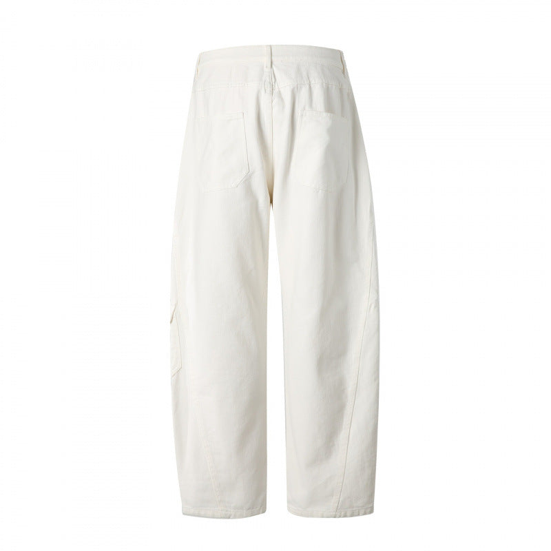 Unisex Weite Utility-Cargo-Hose aus robustem Baumwoll-Denim mit hoher Taille und Klappentaschen Drune