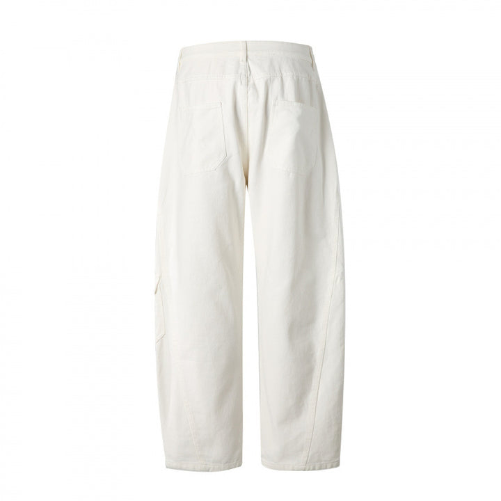 Unisex Weite Utility-Cargo-Hose aus robustem Baumwoll-Denim mit hoher Taille und Klappentaschen Drune