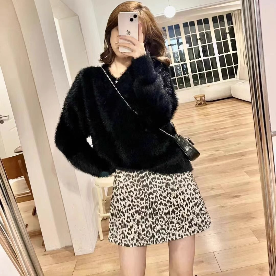 Damen Flauschiger V-Ausschnitt Pullover mit weichem Material und lässigem Schnitt Drune
