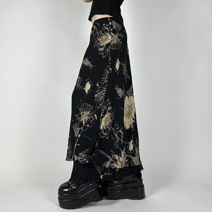 Damen Eleganter Maxirock mit floralem Muster und transparentem Untergrund Drune