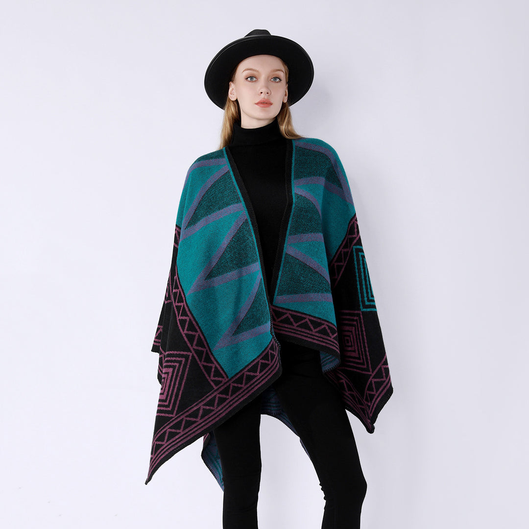 Damen Geometrischer Wollmix-Überwurfponcho mit Kettelkante Drune