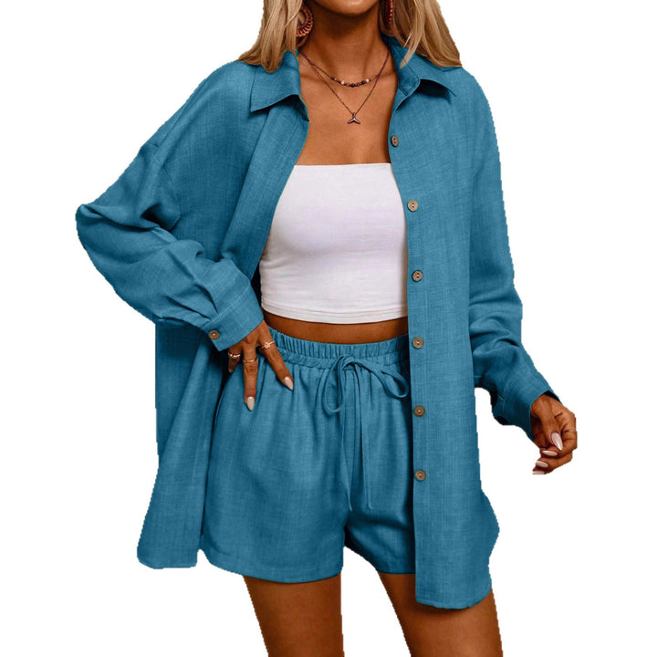 Damen lässiges Set aus oversized Hemd und kurzen Shorts Drune