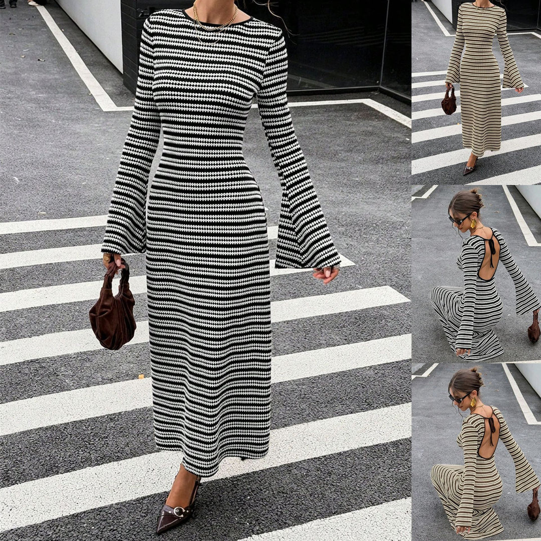 Damen Figurbetontes Ripp‑Midikleid mit Trompetenärmeln und taillierter Schnittführung Drune