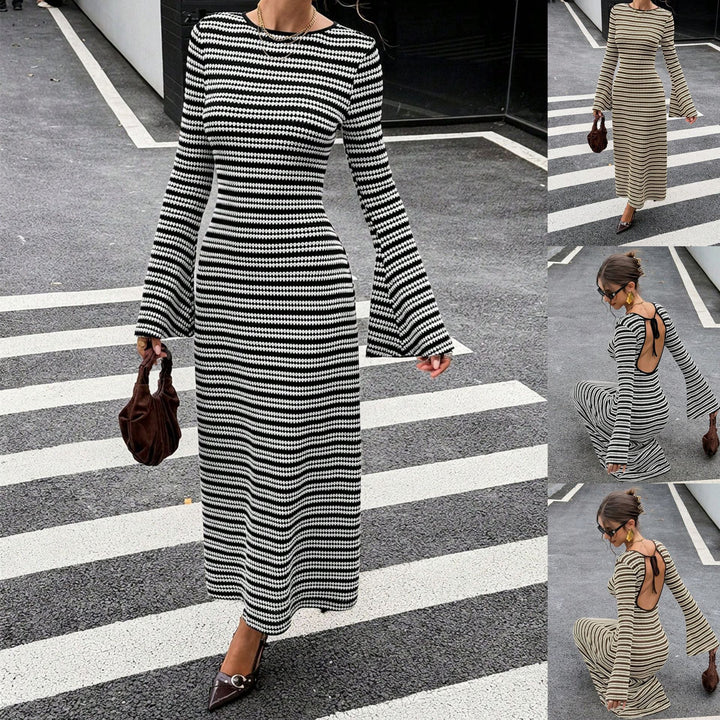 Damen Figurbetontes Ripp‑Midikleid mit Trompetenärmeln und taillierter Schnittführung Drune