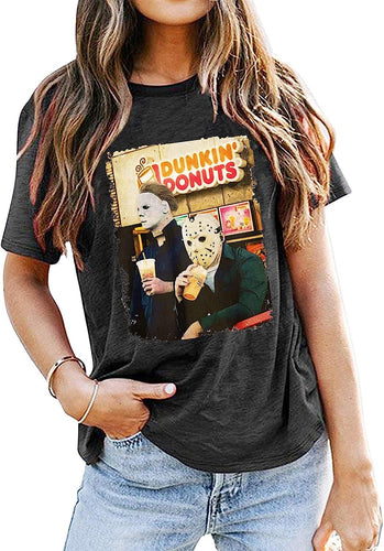 Damen Trendy Grafik T-Shirt mit ikonischen Horrorfiguren Drune