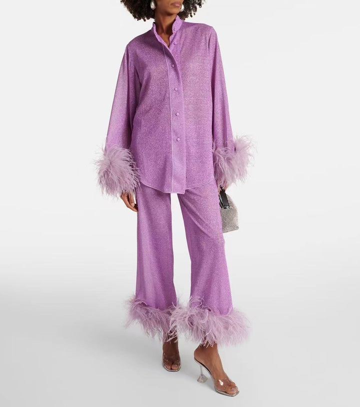 Drune | Herbst Winter Feder Stehkragen Langarmoberteil und Hosen Set