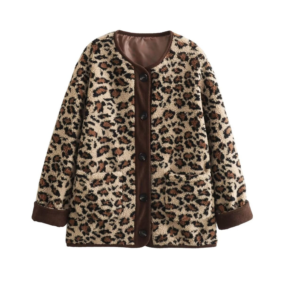Damen nan Lammfellimitat Jacke mit Leopardmuster, Cordbesatz, durchgehender Knopfleiste und aufgesetzten Taschen Drune