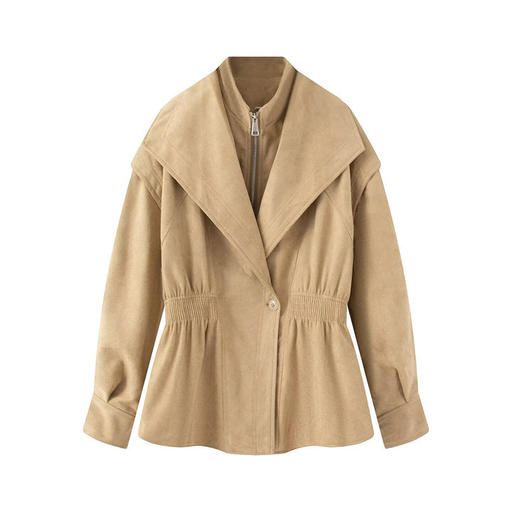 Damen Kurzjacke aus Veloursimitat mit weitem Schalkragen und Taillenraffung Drune
