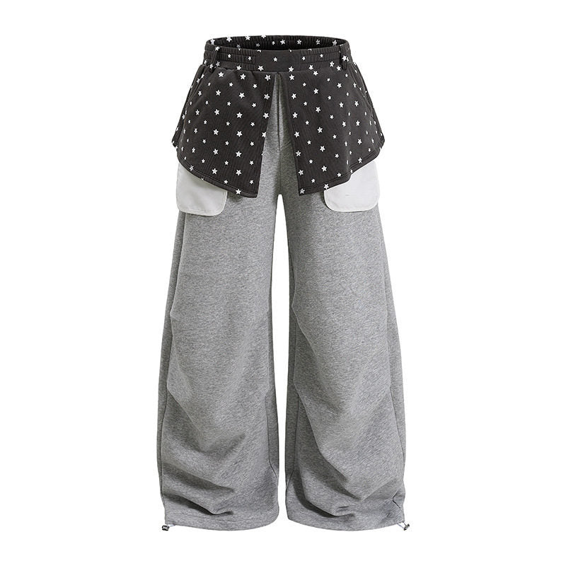 Damen Weite Palazzo-Loungehose mit Lagen-Einsatz, Sternapplikation & großen Kontrasttaschen Drune