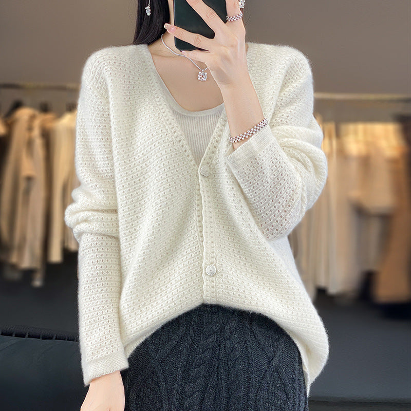 Damen Offener Ajour-Strickcardigan mit dezentem Flauschfinish und kastiger Oversize-Silhouette Drune