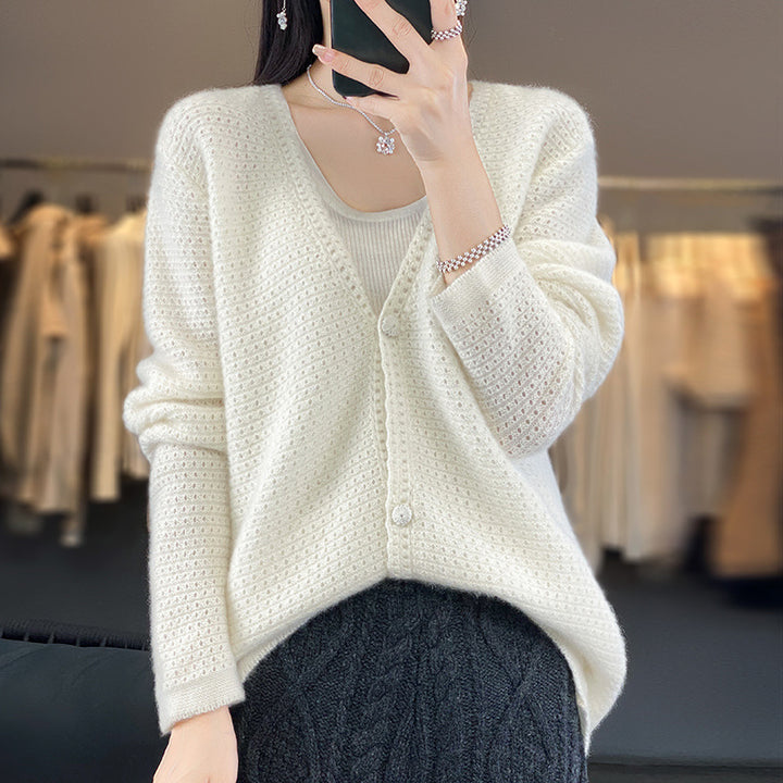 Damen Offener Ajour-Strickcardigan mit dezentem Flauschfinish und kastiger Oversize-Silhouette Drune