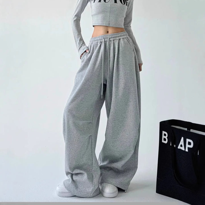Damen weit geschnittene High-Waist Loungehose mit elastischem Bund, Tunnelzug und seitlichen Eingrifftaschen Drune