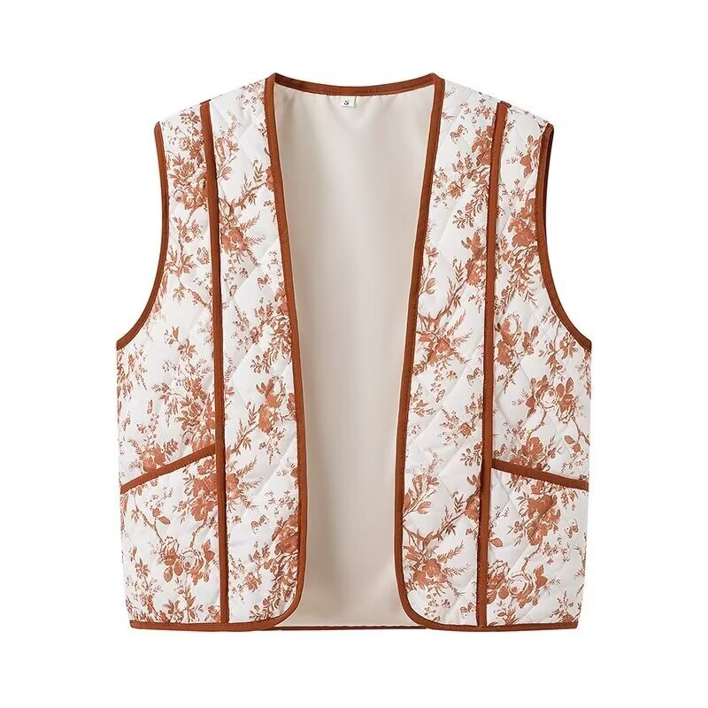 Damen nan leichte gesteppte V-Neck-Weste mit floralem Allover-Print, kontrastierender Paspel und praktischen Eingrifftaschen Drune
