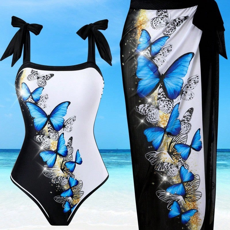 Damen Einteiler Badeanzug mit schickem Wickelrock und Butterfly-Motiv Drune