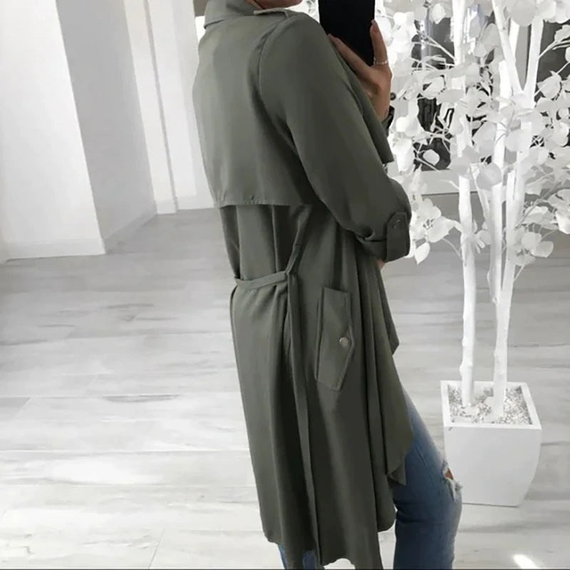 Damen eleganter Wickelcardigan aus weichem Stoff mit langem Schnitt und praktischen Taschen Drune