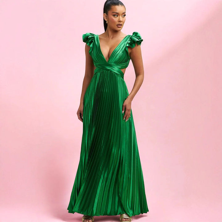 Damen Elegantes Maxikleid mit tiefem V-Ausschnitt und Rüschendetails Drune