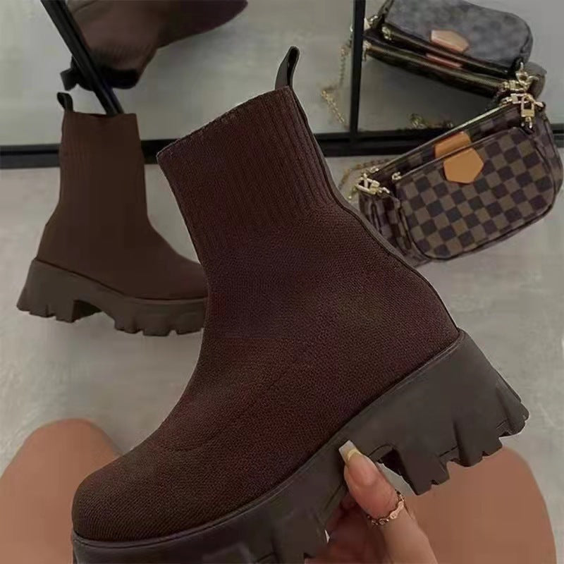 Damen Sock-Ankle-Boots mit grobem Offroad-Profil und elastischem Strickschaft Drune