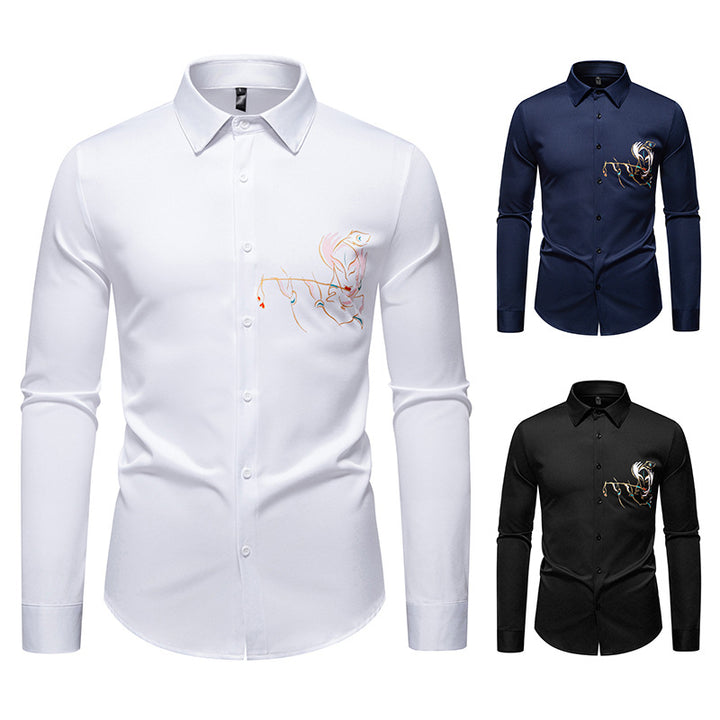Herren Slim-Fit Businesshemd mit aufwendiger Bruststickerei und Kentkragen Drune