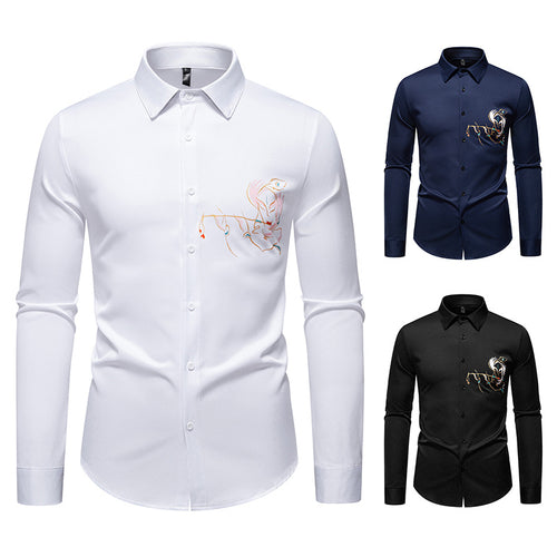 Herren Slim-Fit Businesshemd mit aufwendiger Bruststickerei und Kentkragen Drune