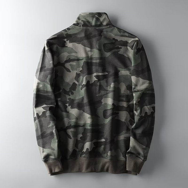 Herren Camouflage Baumwoll‑Fleece‑Zipjacke mit Stehkragen und Rippbündchen Drune
