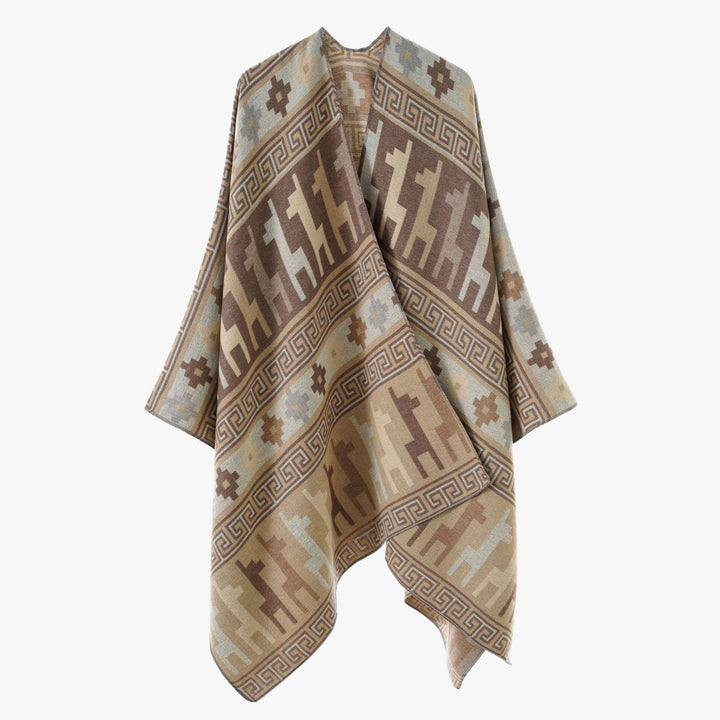 Damen Cape-Überwurf aus Jacquard-Strick mit Tier- und Ethno-Motiv Drune