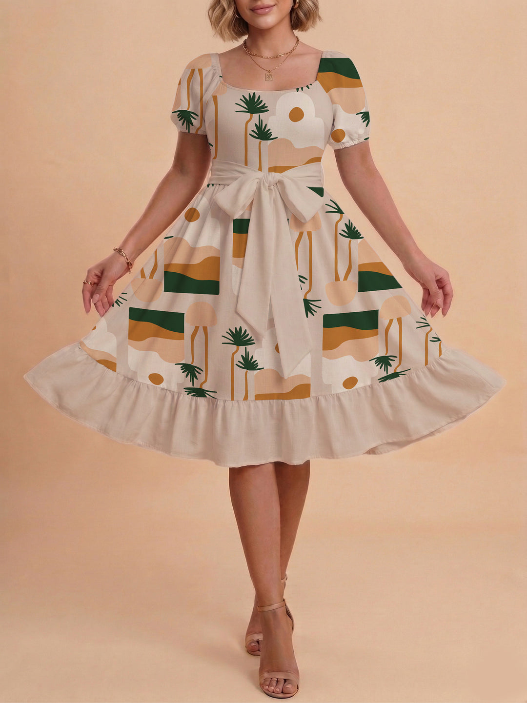 Damen Sommerliches Blumenkleid mit taillierbarem Gürtel und voluminösen Ärmeln Drune