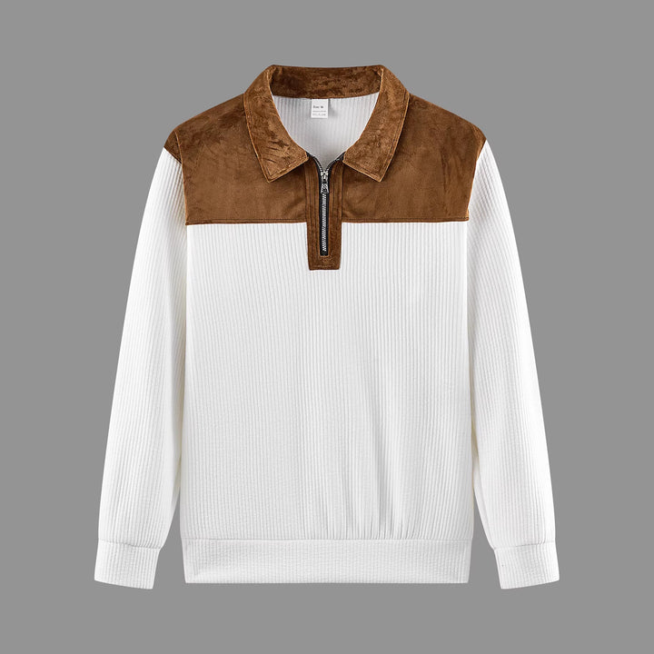 Unisex nan feinstrukturierter Strickpullover mit halbem Reißverschlusskragen und Samtbesatz Drune