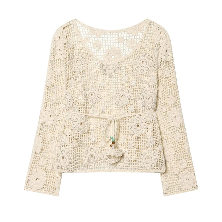 Damen Häkelbluse mit floralem Crochet‑Motiv, V‑Ausschnitt und Tunnelzug Drune