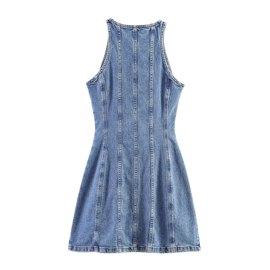 Damen Jeanskleid mit geflochtenem Knoten und durchgehender Knopfleiste Drune