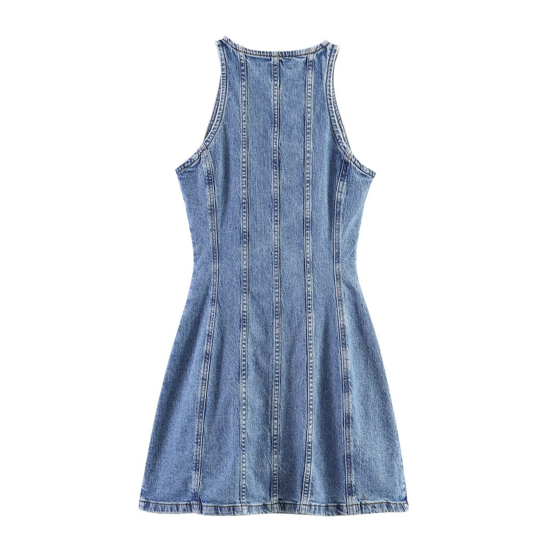 Damen Jeanskleid mit geflochtenem Knoten und durchgehender Knopfleiste Drune