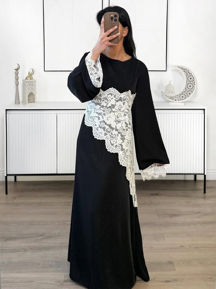 Damen Lagenlook-Spitzen-Tunika mit Bindegürtel und asymmetrischem Saum Drune