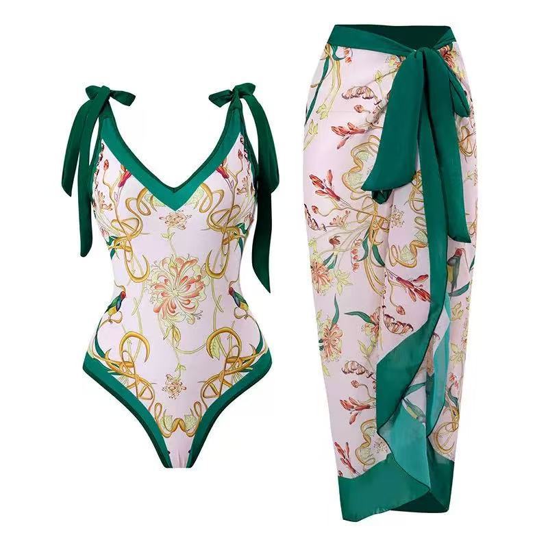 Damen Badeanzug mit floralem Design und transparentem Wickelrock Drune