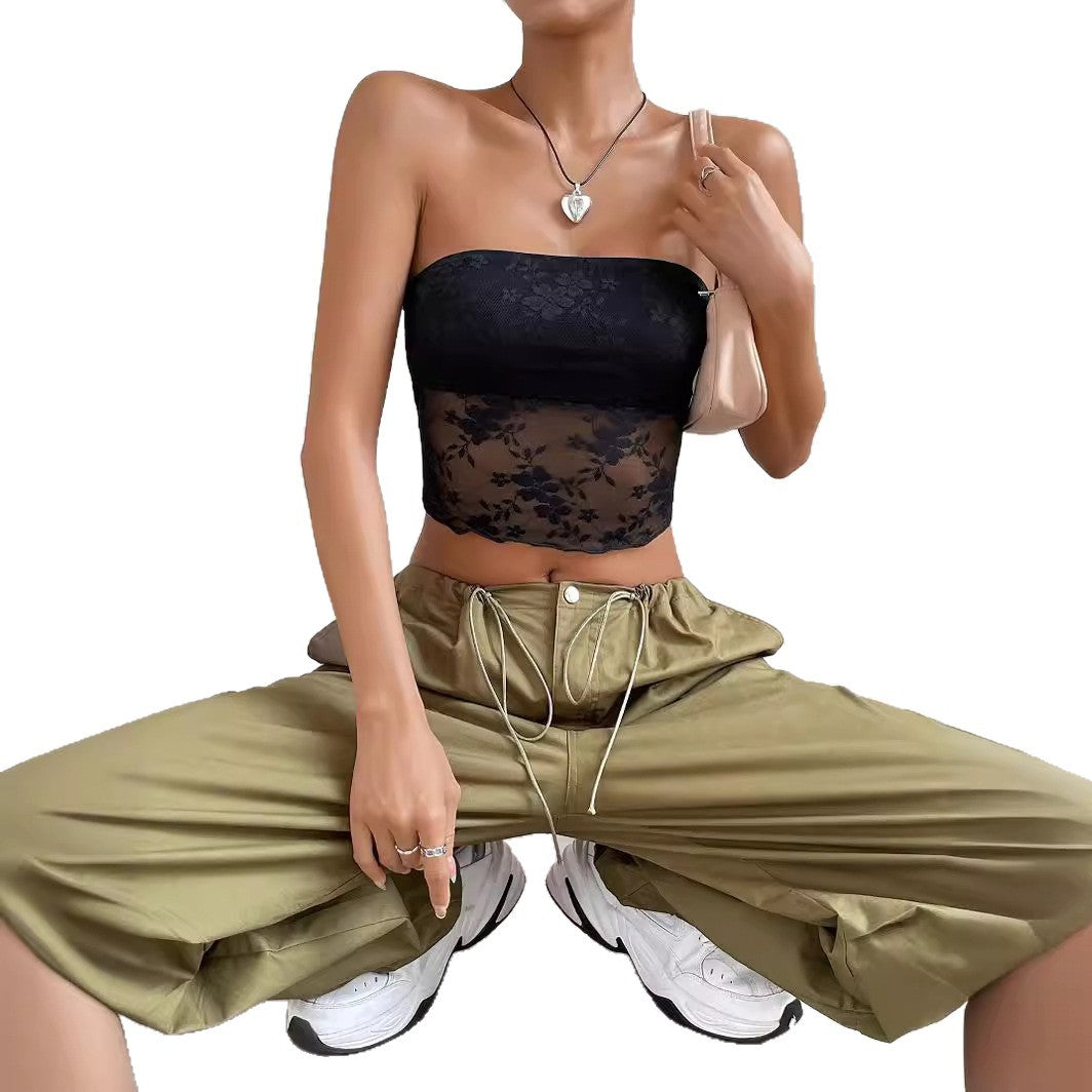 Damen transparente Crop-Top mit floralen Details Drune