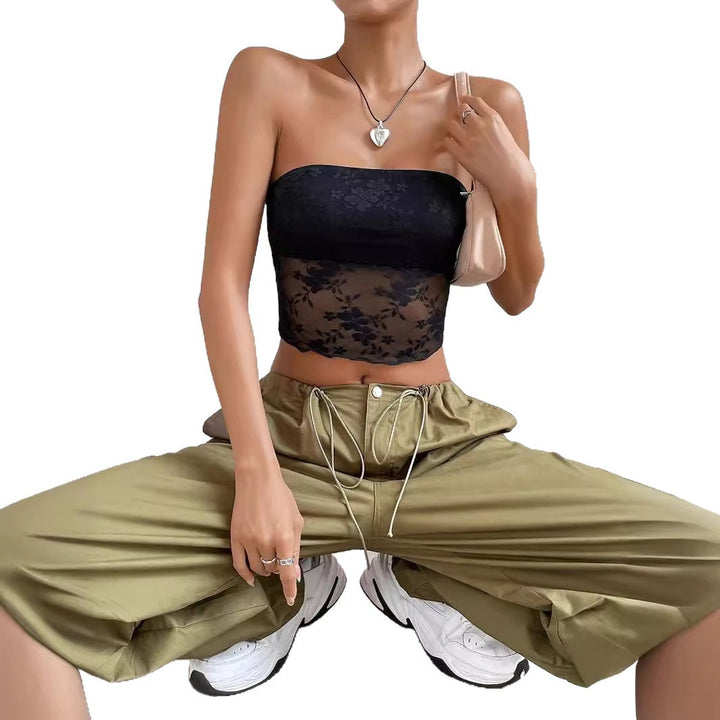 Damen transparente Crop-Top mit floralen Details Drune