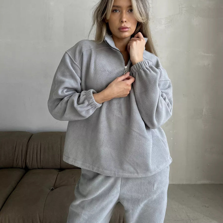 Damen lässiges Fleece-Jogginganzug Set mit Stehkragen und halbhohem Reißverschluss Drune