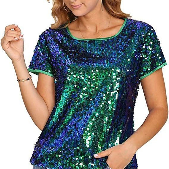 Damen Glitzerndes Pailletten T-Shirt mit lässigem Schnitt und komfortablem Baumwollmaterial Drune