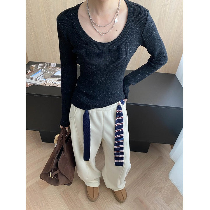 Damen eleganter Strickpullover mit tiefem V-Ausschnitt und feinen Rippdetails Drune
